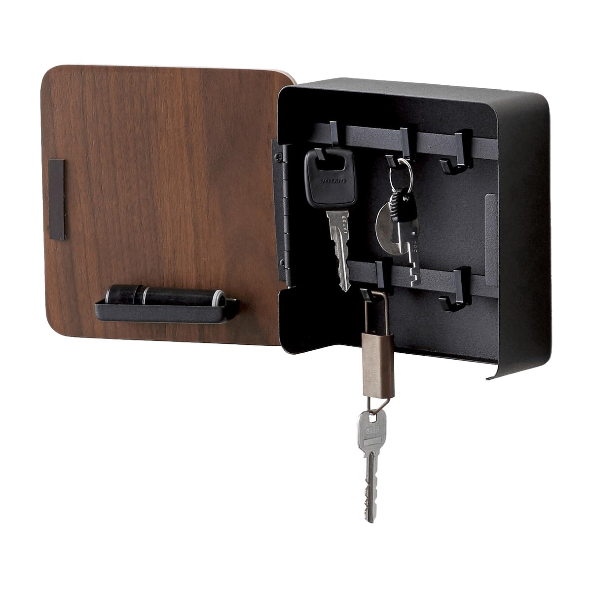 YAMAZAKI Home Rin Square Magnetic Key Cabinet - Wood Accented Keychain Organizer - Steel + Wood