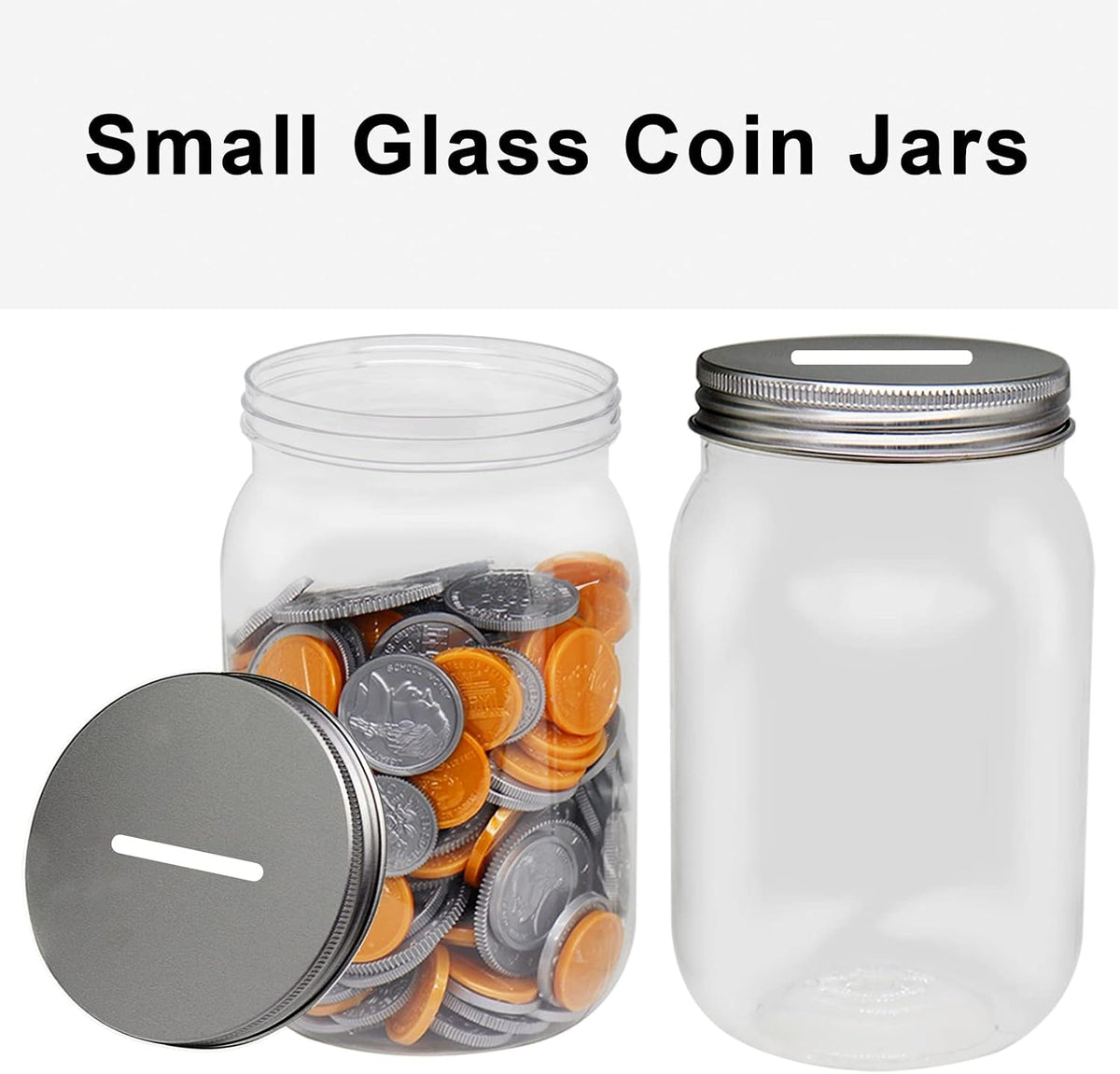 Small Coin Bank Jars 4-Pack, 16oz Clear Plastic Coin Money Tip Coin Jars with Silver Slotted Lids, Small Clear Plastic Coin Money Piggy Banks Mason Jars for Adults Teens Kids Girls Boys