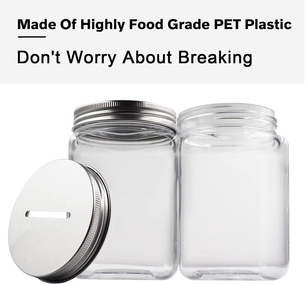 Small Coin Bank Jars 4-Pack, 16oz Clear Plastic Coin Money Tip Coin Mason Jars with Silver Slotted Lids, Small Transparent Plastic Coin Money Piggy Banks Jars for Adults Teens Kids Girls Boys