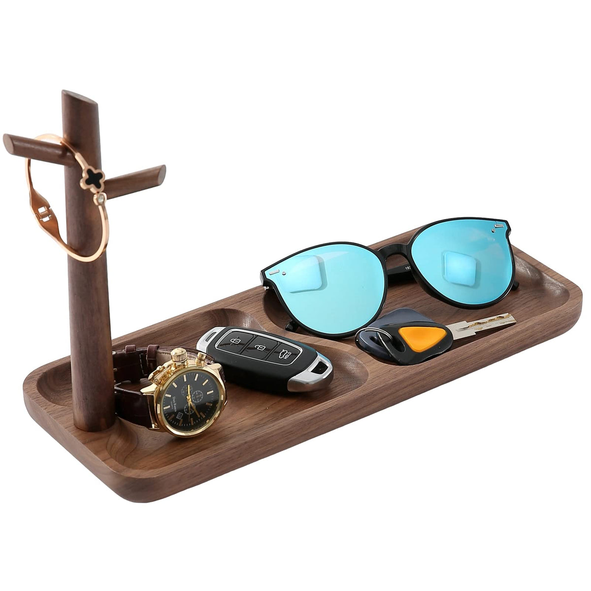 Walnut Wood Key Tray for Entryway Table, Jewelry Tray, Catchall Tray with 3 Stand Hanging Organizer, for Rings, Phone, Bracelets Watches