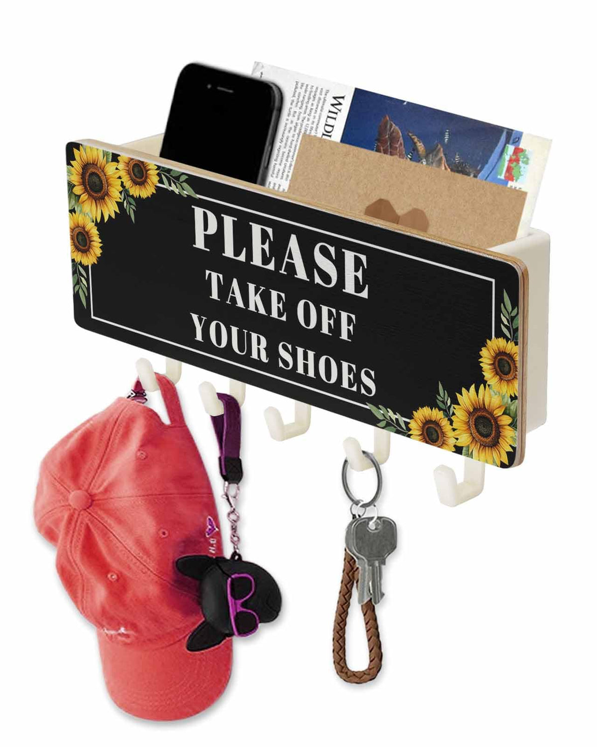 Funny Black Key Holder Wall Mount,Sunflower Leaf Take Off Your Shoes Black Hanging Mail Organizer with 5 Key Hooks Wall Decorative,Adhesive Key Rack with Shelf for Hallway Kitchen Farmhouse Entryway
