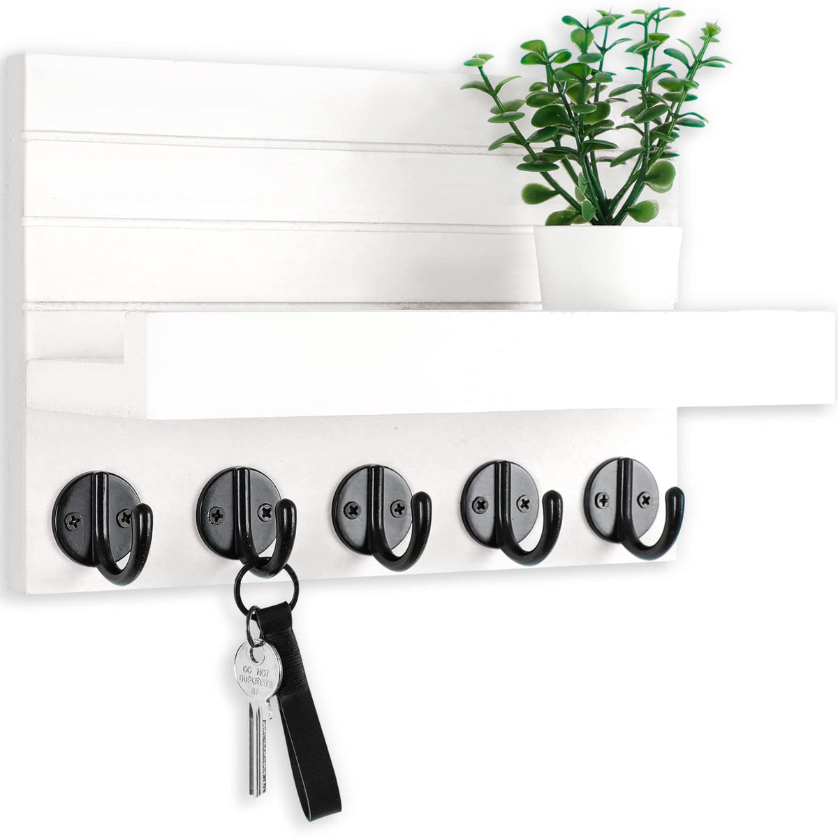 Lwenki Key Holder for Wall, Decorative Key and Mail Holder with Shelf Has Large Key Hooks for Bags, Coats – Paulownia Wood Key Hanger with Mounting Hardware (9.8”W x 6.7”H x 4.2”D) (Brown)
