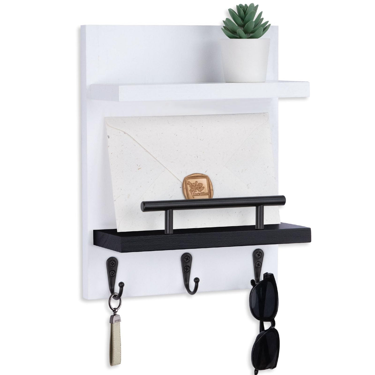 Magnetic Key Holder Wall Mount, Mail Shelf Decor with 3 Key Hooks