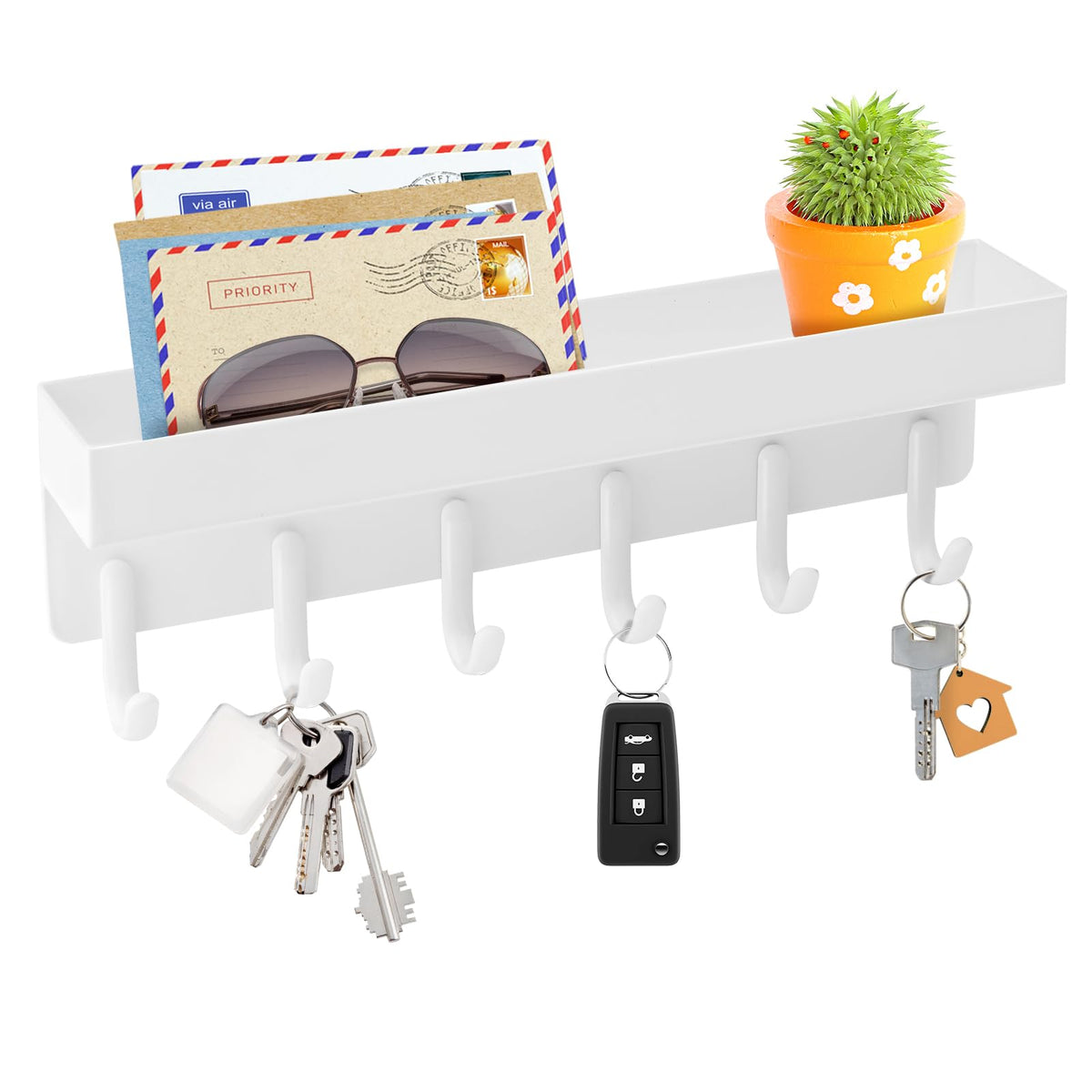 VIS'V Key Holder Wall Mount, Adhesive Key Rack with Tray, 6 Hooks, Black