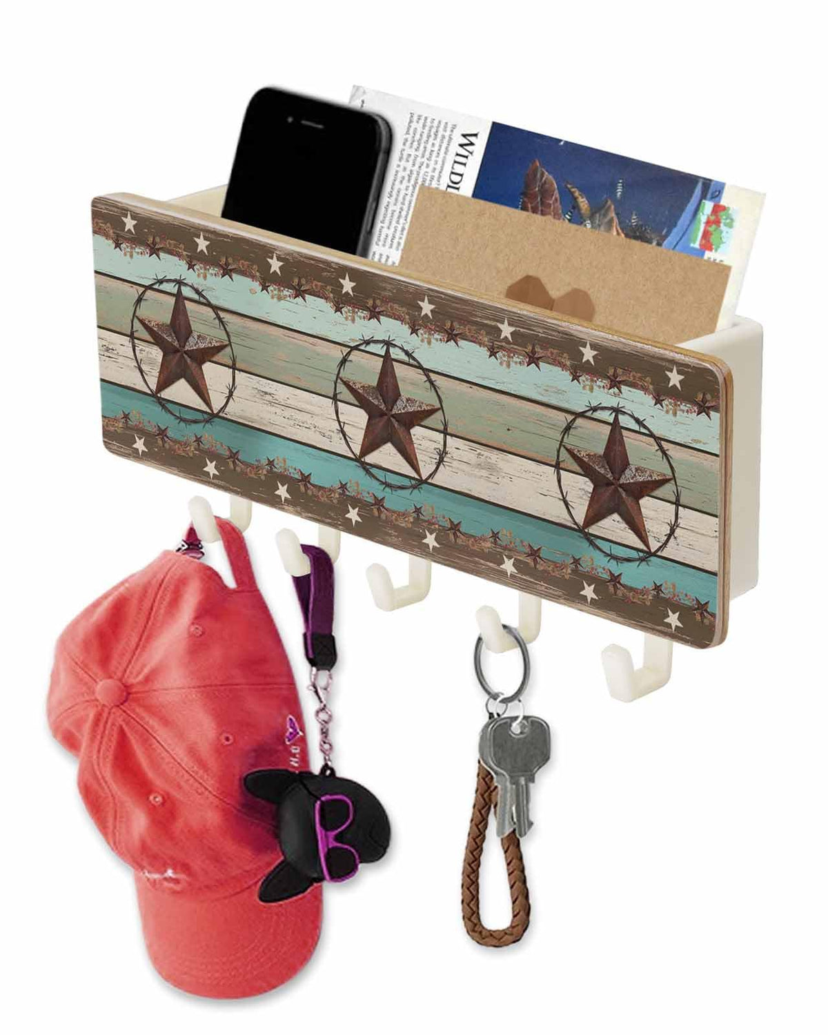 West Texas Star Rustic Key Holder Wall Mount,Teal Green Wood Plank Black Hanging Mail Organizer with 5 Key Hooks Wall Decorative,Adhesive Key Rack with Shelf for Hallway Kitchen Entryway Decor