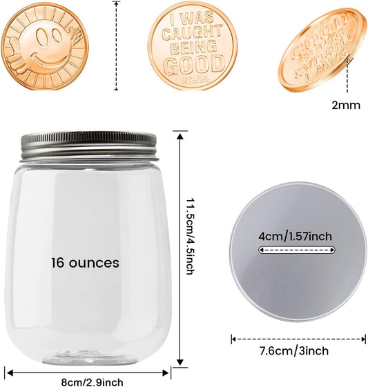 100 Pcs Caught Being Good Coins With Reward Jar, Colorful Plastic Incentive Behavior Tokens, Pretend Play Coins for Kids School Teacher
