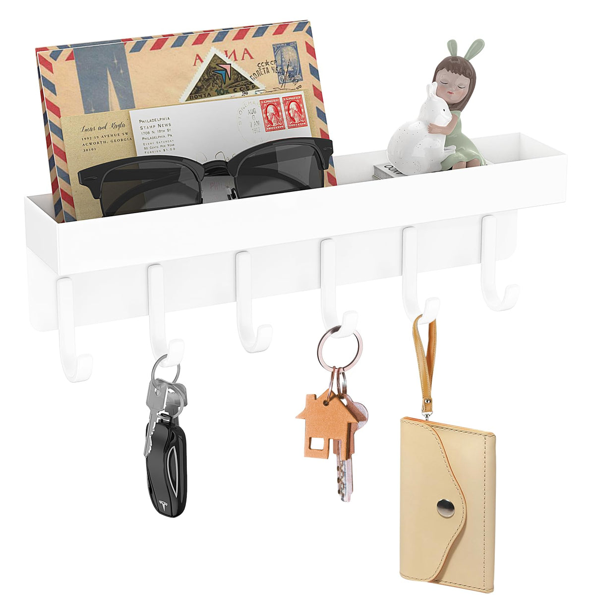 Magnetic Key Holder, Wall Mount Key Rack with Shelf, 9.65 in, White