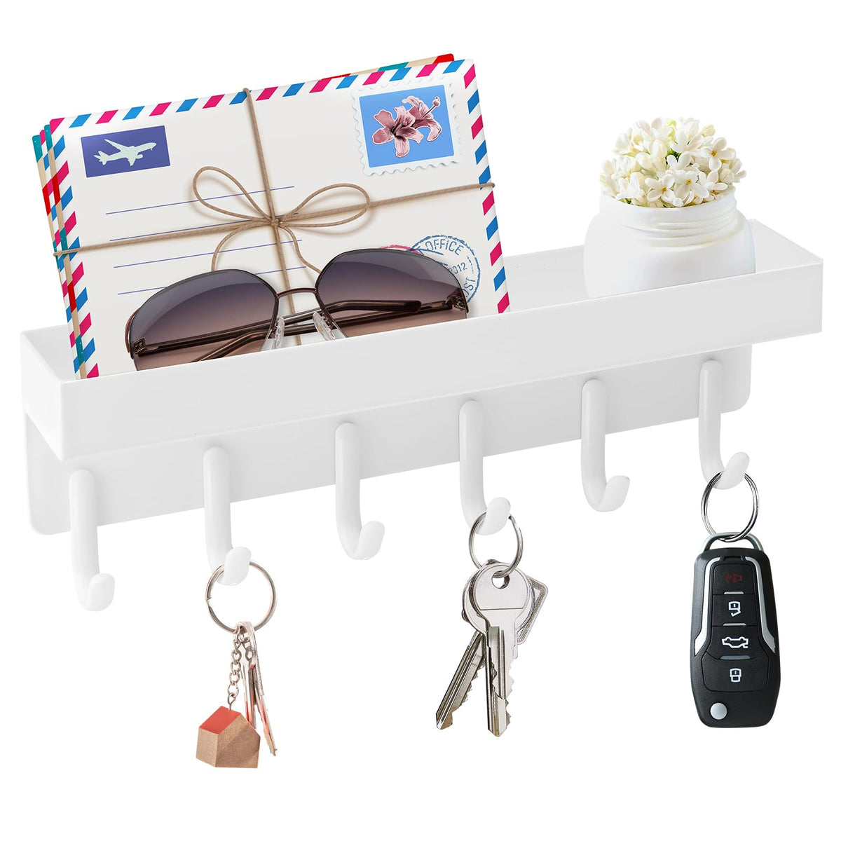 VIS'V Key Holder Wall Mount, Magnetic Key Rack with Tray, 6 Hooks, Black