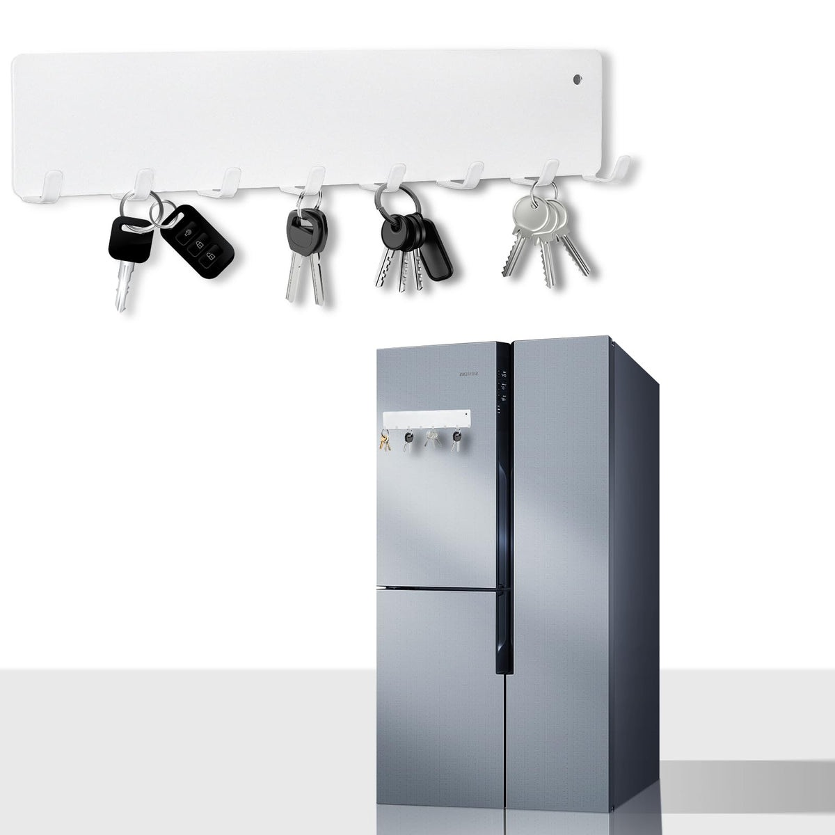 Magnetic Key Holder for Frideg,Heavy Duty Strong Magnetic Key Hanger with 8 Hooks for Refrigerator,Magnetic Kitchen Utensil Holder for Metal Surface in Entryway,Garage,Pantry (Gray)