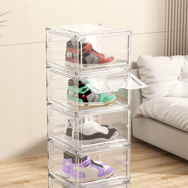 Transparent plastic shoe box, stackable storage box, with flip-up front door, 4-piece set, suitable for organizing shoes on closet shelves