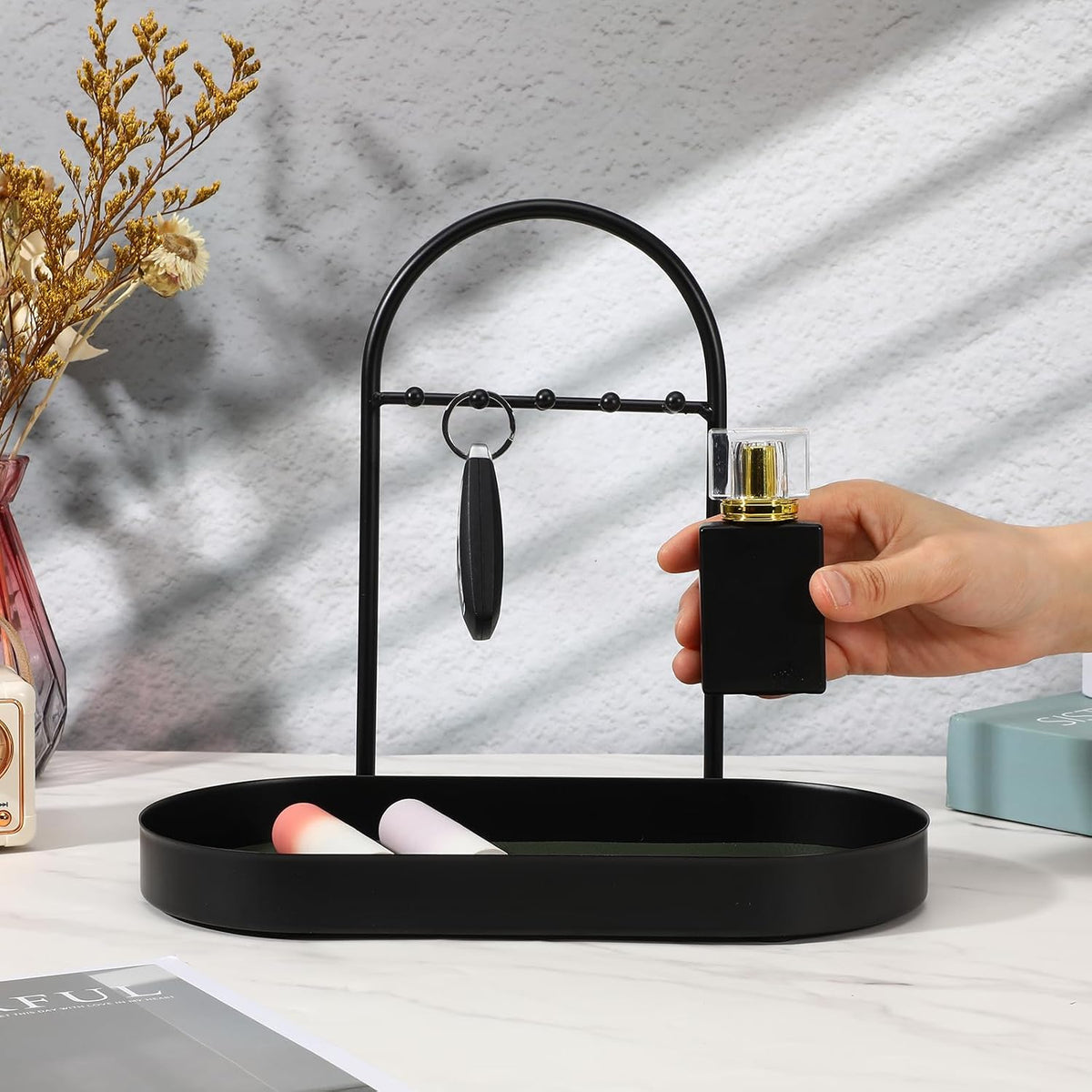 MAQUITA Key Holder Tray & Jewelry Organizer Stand with Acrylic Base, Key Stand and Jewelry Tray with 5 Hooks
