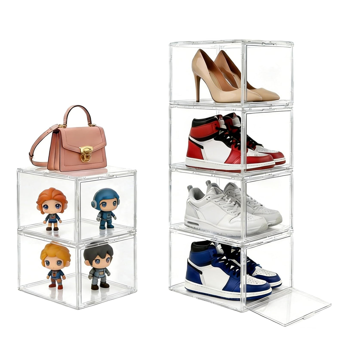 X-Large Shoe Organizer 6-Pack, Stackable White Transparent Acrylic Shoe Boxes with Ventilation, Dustproof Storage for Sneakers/Heels Main-Opening