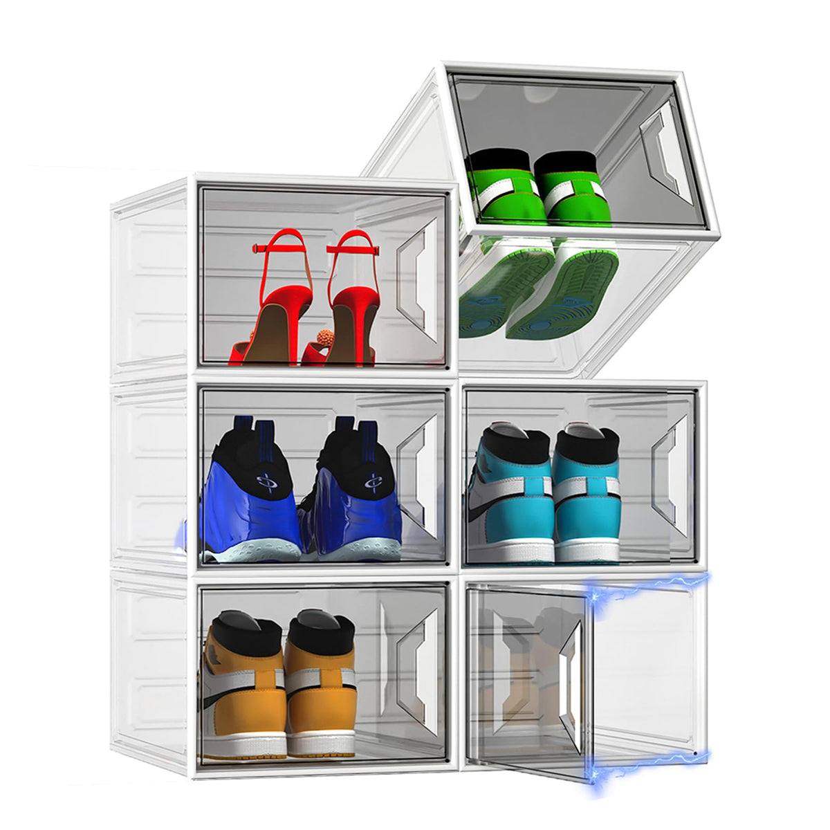 6 Pack Shoe Storage Box Organizer, Clear Thicken Stackable Plastic Shoe Boxes with Magnetic Door, Sturdy Shoe Containers for Sneakers Boots, Easy to Assemble, Fit up to US Size 12(13.2"×10.6"×7.5")