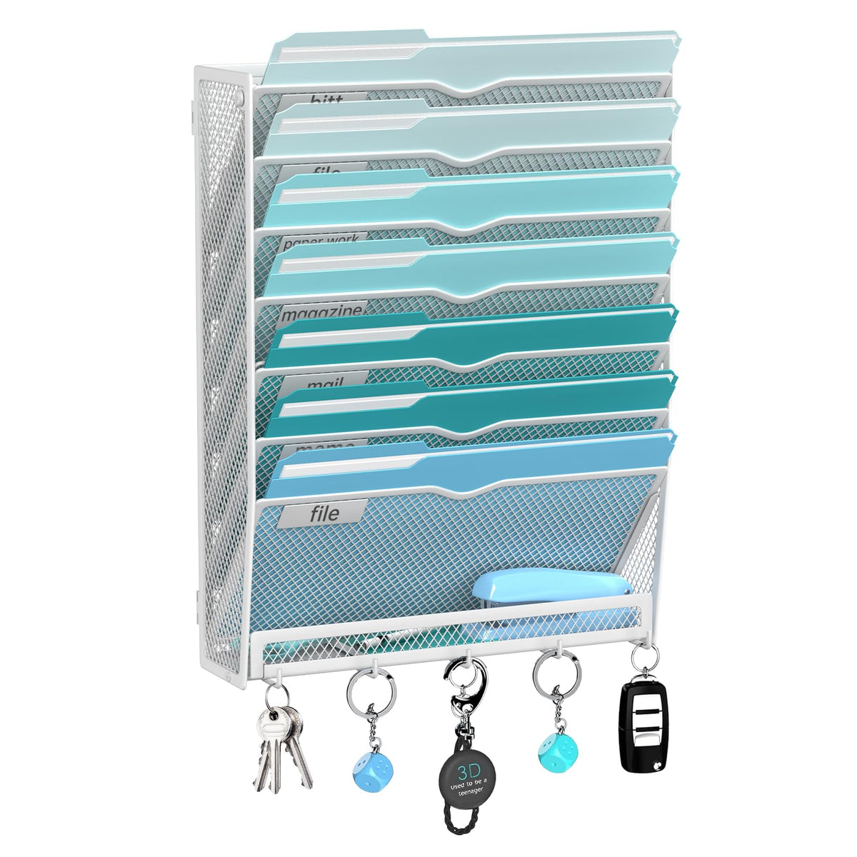 8-Tier Wall File Organizer and Mail Organizer with 5 Hooks, Black