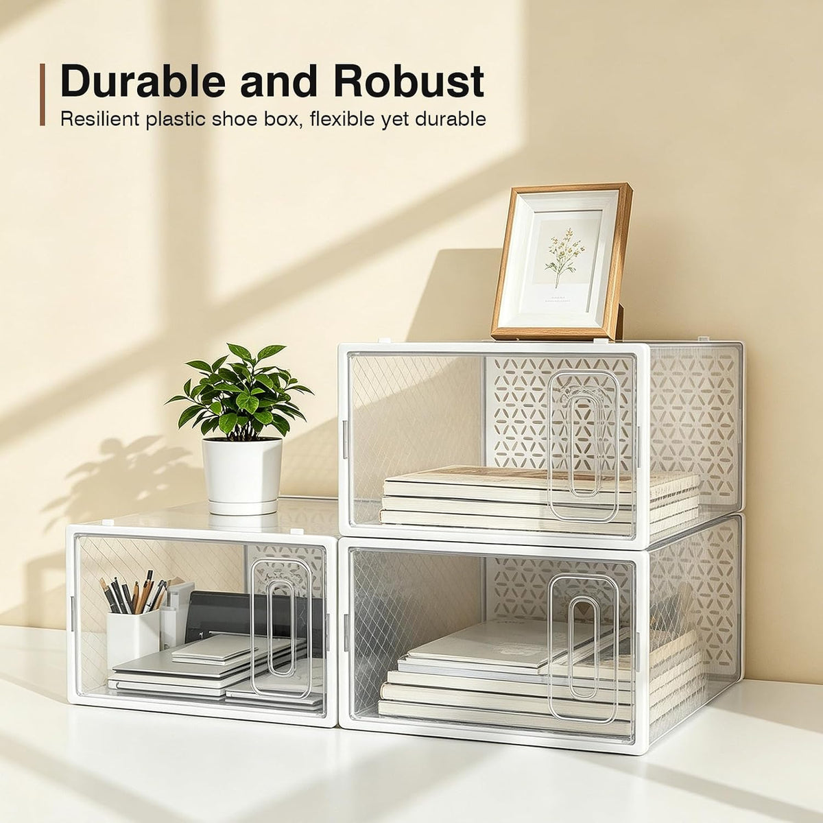 Shoe Boxes, 12 Pack Clear Plastic Stackable Shoe Storage Boxes Fit US Size 10, Ventilated Dust-Proof Sneaker Containers, Shoe Organizer for Closet, Entryway, 13.1 x 9 x 5.5 Inches, White