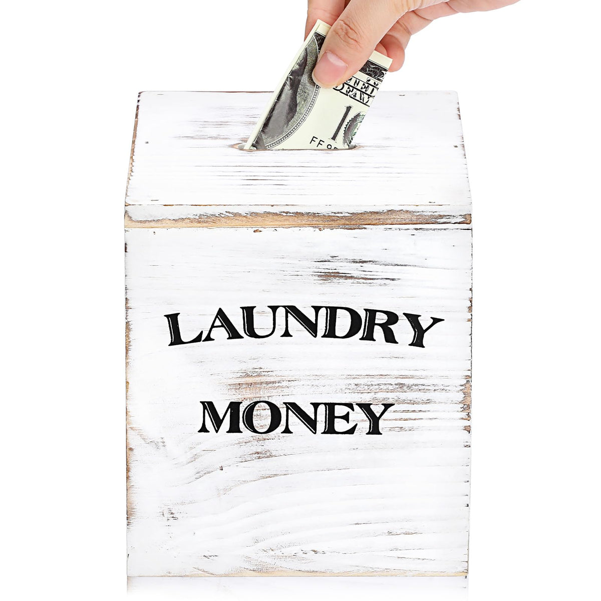 Wooden Piggy Bank for Laundry Room, Rustic Coin Jar with Money Slot