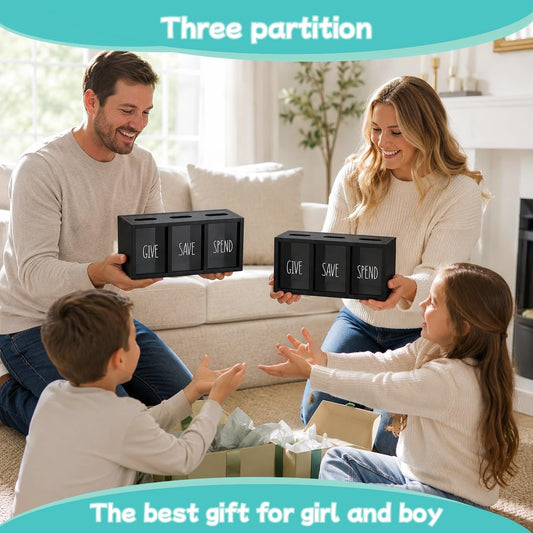 2 Pcs Piggy Bank for Kids Girls Boys, Wooden Give Save Spend Bank for Money Saving Box, Rustic Coin Banks for Adults, Change Coin Jar for Piggy Bank Toy, Early Ideas for Kids