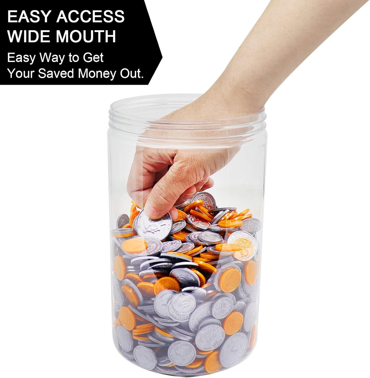 Large Coin Bank Jar, Big Clear Plastic Coin Money Tip Change Saving Piggy Jar with Silver Slotted Lid, Large Plastic Coins Piggy Money Change Clear Bank for Adults Teens Kids Girls Boys, XL