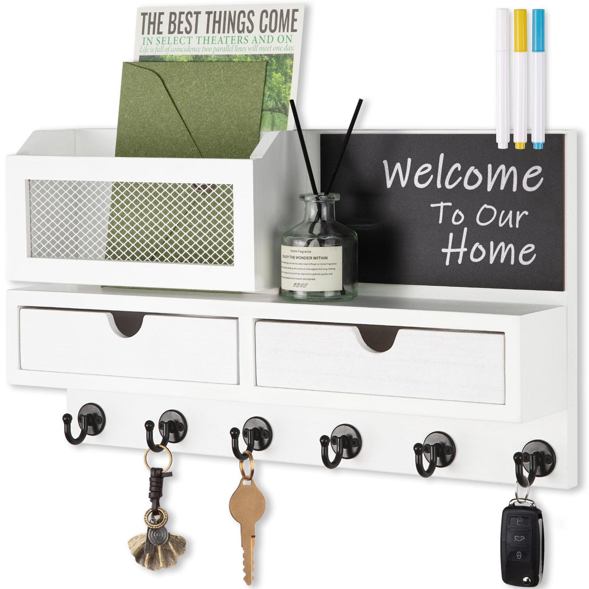 Key Holder for Wall, Key and Mail Holder for Wall with Storage Drawer, Entryway Rustic Home Decor, 3 Liquid Chalks & Chalkboard, 15.98”W x 9.1”H x 3.3”D, Black