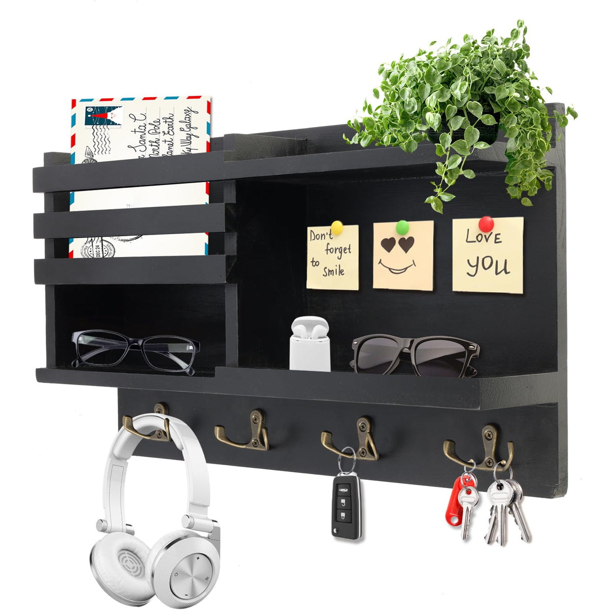Key Holder Wall Mount, Wood Key and Mail Organizer for Wall, Burnt Brown