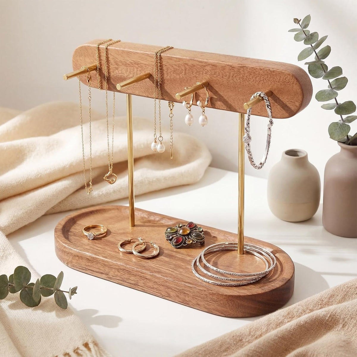 RattanView Solid Walnut Entryway Key Holder for Table, Mid-Century Key Stand with Tray, Wood Keys Holder with 4 Hooks, Jewelry Tray & Dish for Wallet Rings Catchall