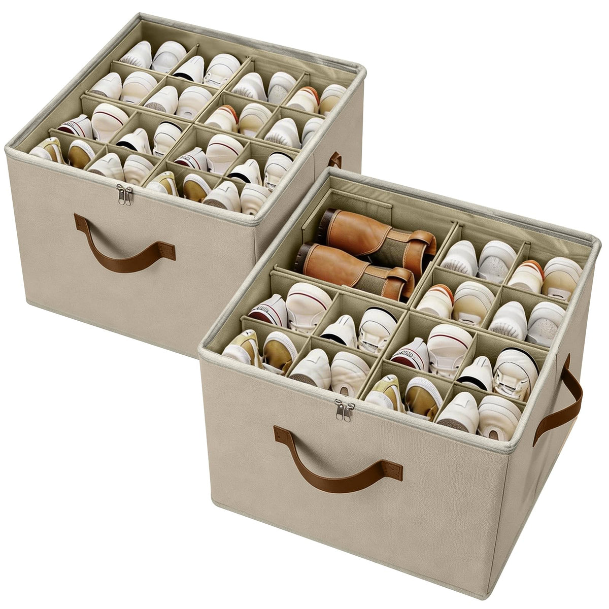 2 Pack Shoe Organizer Box – Large Capacity Shoe Storage Organizer with Transparent Cover & Flexible Dividers, Fits 16-32 Pairs, Fabric Shoe Storage Organizer Box, Entryway, Dorm