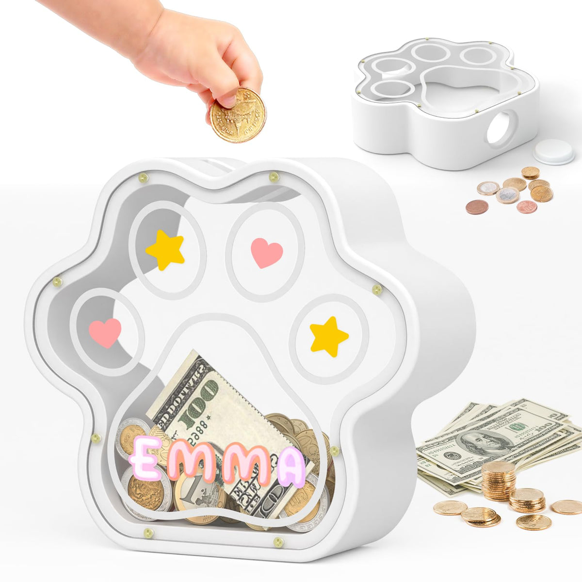 KMC Wooden Piggy Bank for Kids, Natural Cat Dog Paw Coin Bank with Stickers