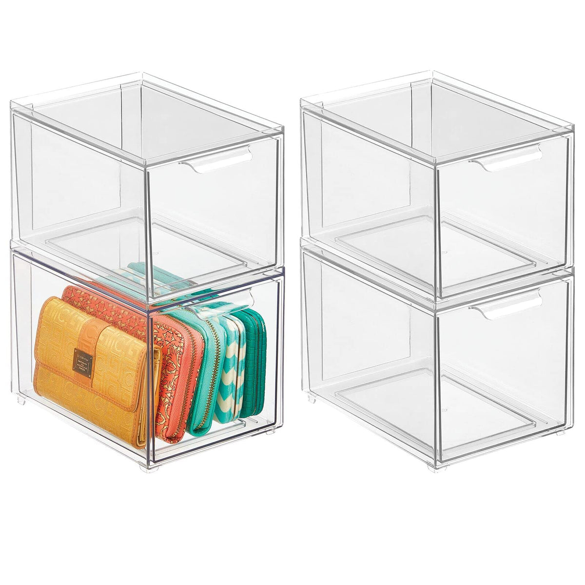mDesign Shoe Storage Box with Drawer – Sturdy Plastic Storage Box for Shoes – Stackable Drawer Box for Shoes, Accessories and More – Pack of 4 – Clear