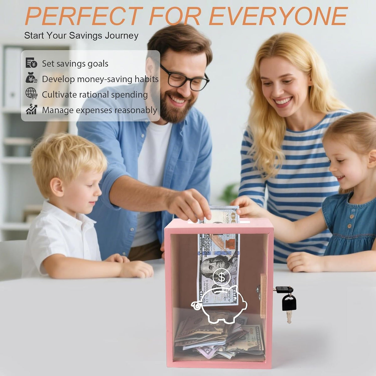 Clear Piggy Bank with Lock, Large Money Saving Jar Money Bank Box Container for Cash Saving, Openable Clear Money Coin Change Bank Jar Container Penny Piggy Jar Bank for Adults Kids, Pink