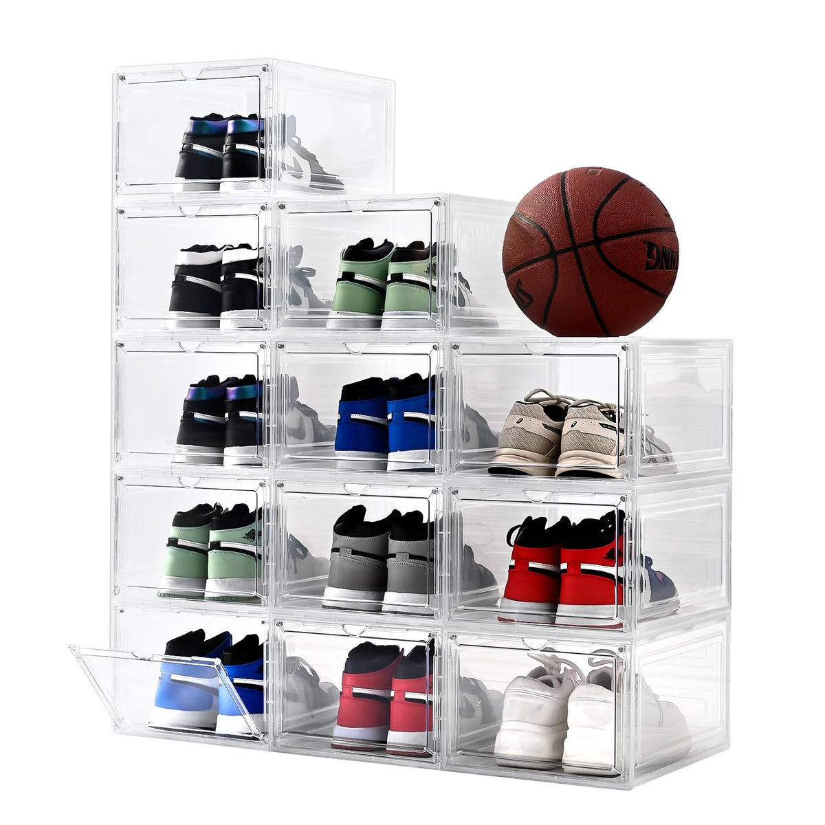 Shoe Organizer,Thicken & Sturdy Shoe Boxes with Magnetic Door,Stackable Plastic Shoe Storage Boxes Containersfor Sneakers,13.5" x 10.5" x 7.4" (Clear, 12 Pack)