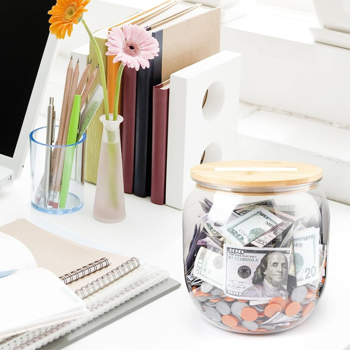 Yamahiko Large Clear Coin Bank Jar with Slotted Lid, One Gallon Reusable Money Tip Change Savings Coin Jar for Coin or Raffle Ticket, Big Clear Money Coin Tip Piggy Change Bank Box for Adults Teens