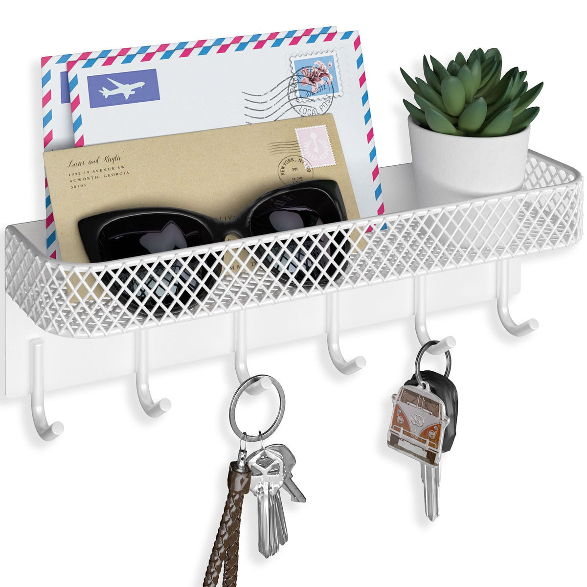 Lwenki Key Holder for Wall – Decorative Stainless Steel Key Hanger with 6 Hooks for Hats, Bags, Leashes – Mail Holder Key Rack with Mounting Hardware and Guide (9.65” x 2.8” x 2.2”) (Black)