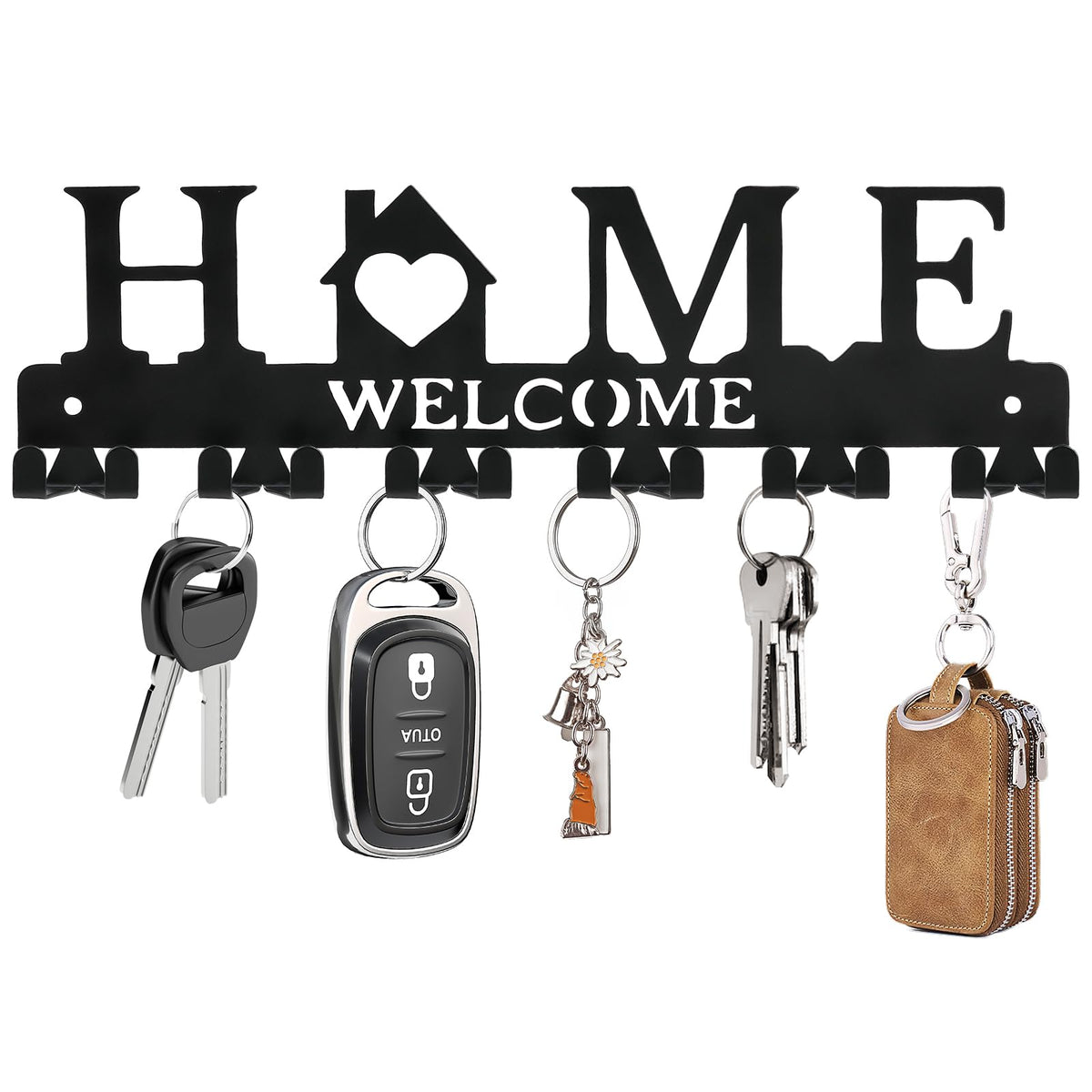 Key Holder Wall Mount, Adhesive Key Hanger with 10 Hooks, Black