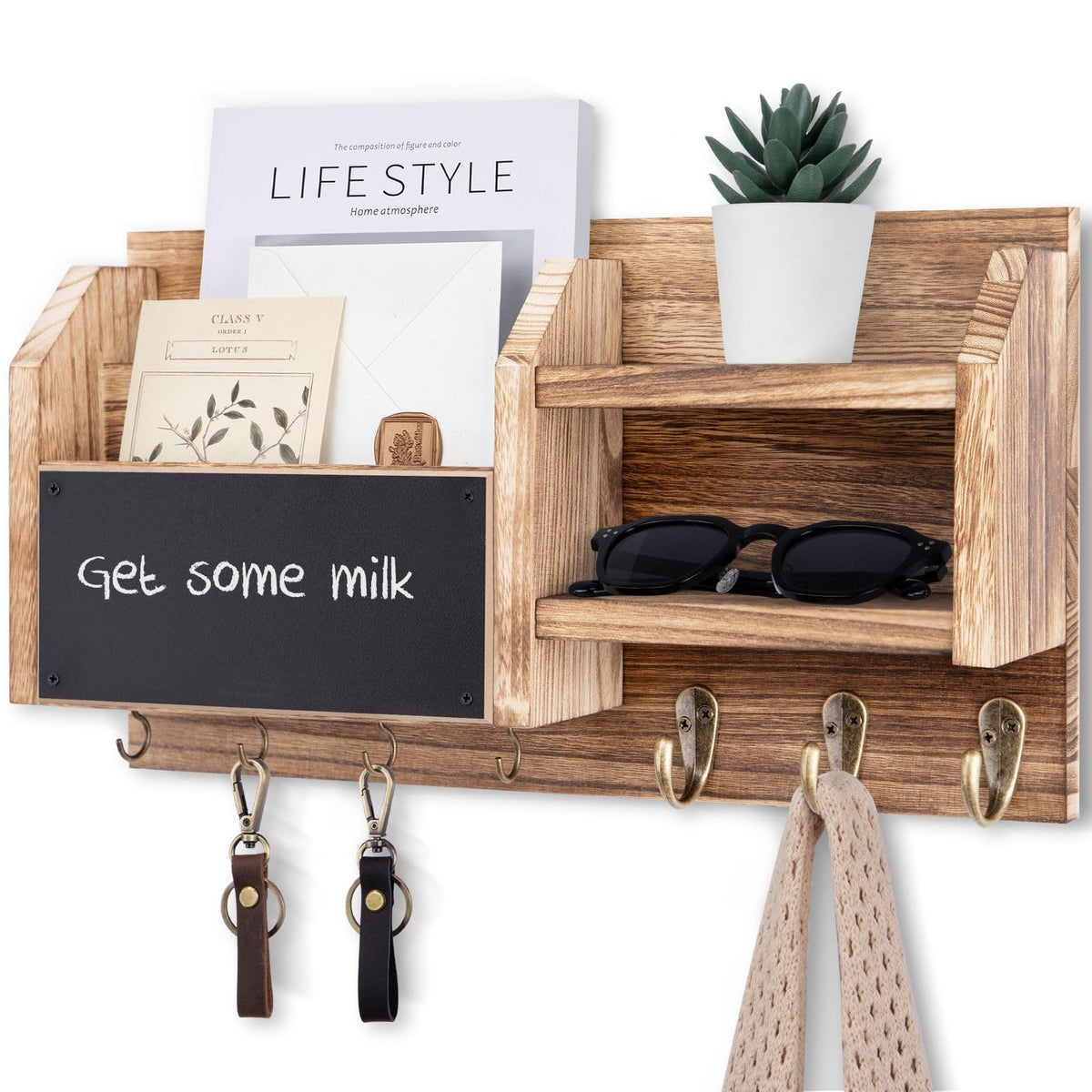 Lwenki Mail and Key Holder – Wall Mount Key Hanger with Shelf and 7 Metal Hooks – Decorative Natural Paulownia Wood Entryway Organizer with Mounting Hardware (16.5”W x 8.7”H x 3.5”D) (White)