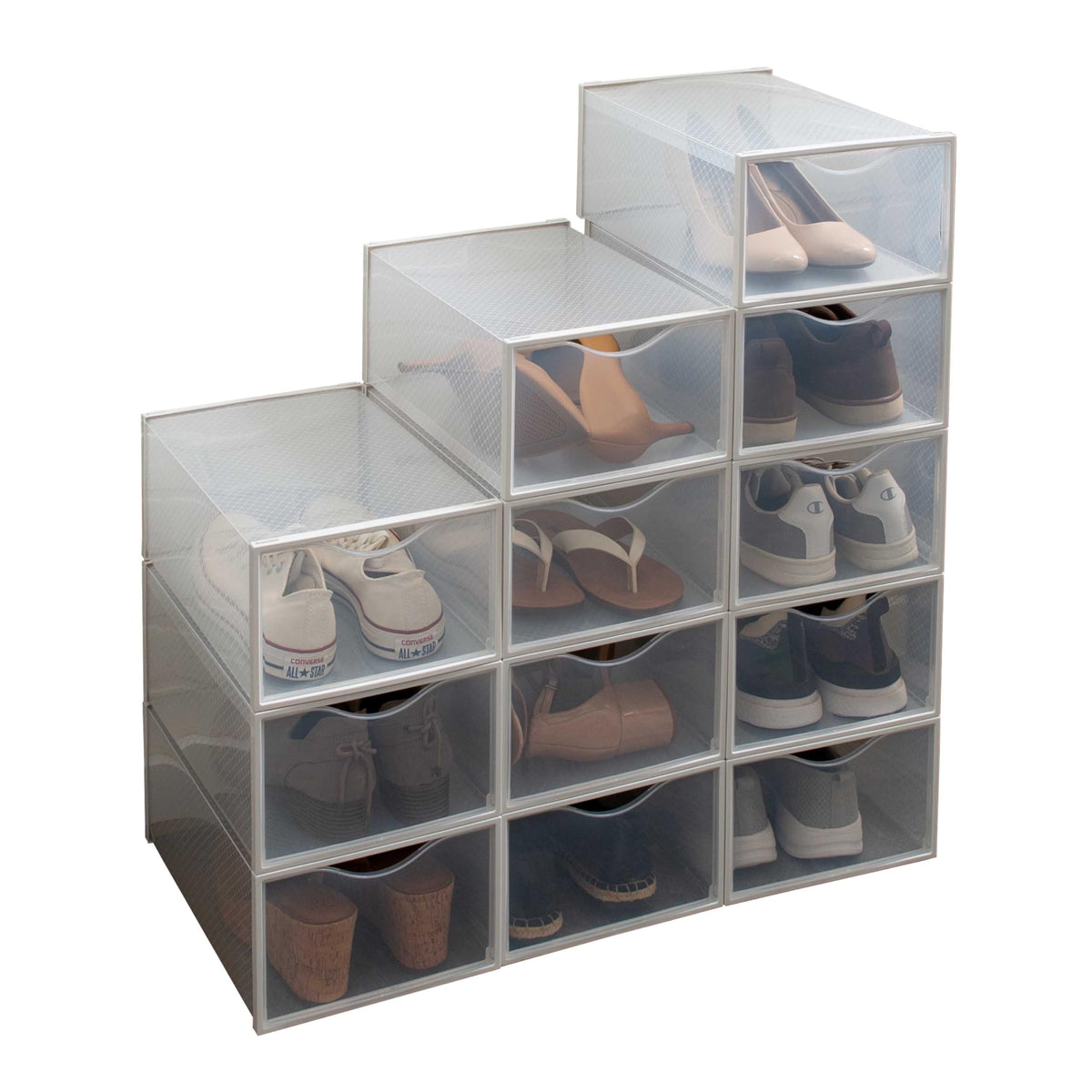 Simplify Set of 12 Stackable Shoe Boxes | Customizable | Fits Size 11 Shoes | Drop Front Design | Closet Storage | Sneakers | Heels | Clear and White