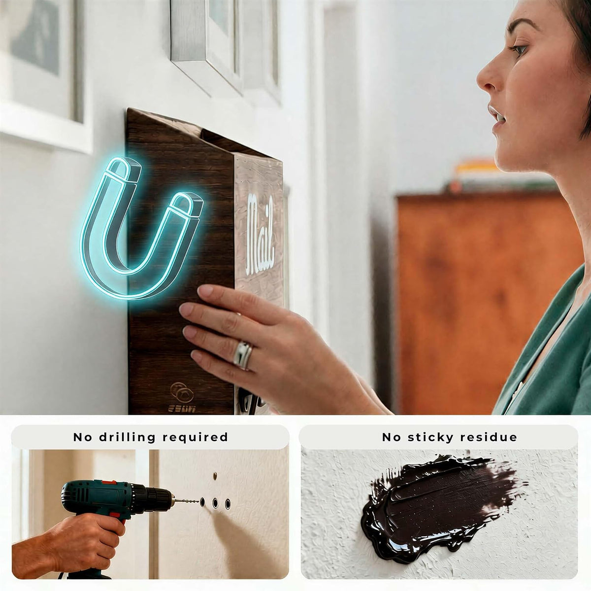 eBun Magnetic Mail Organizer with Key Hooks - 2-Pack Solid Wood Wall Mount for Letters & Bills, 12 Hooks Entryway Holder, No-Drill for Renters