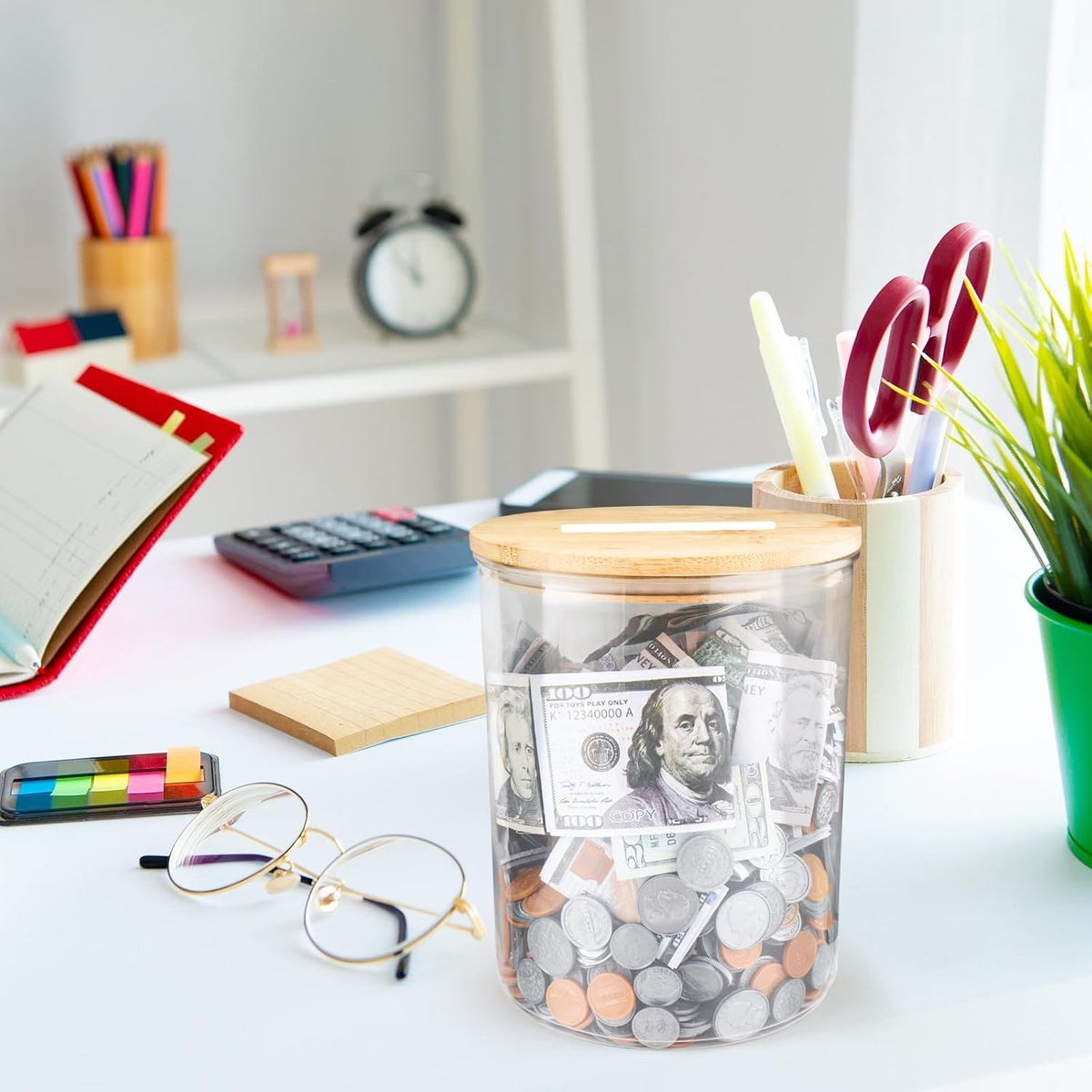 Yamahiko Large Clear Coin Bank Jar with Slotted Lid, 7/8 Gallon Reusable Money Tip Change Savings Coin Jar for Coin or Raffle Ticket, Big Clear Money Coin Tip Piggy Change Bank Box for Adults Teens