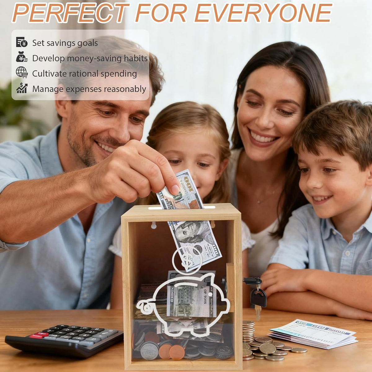 Clear Piggy Bank with Lock, Large Money Saving Jar Money Bank Box Container for Cash Saving, Openable Clear Money Coin Change Bank Jar Container Penny Piggy Jar Bank for Adults Kids, Bamboo