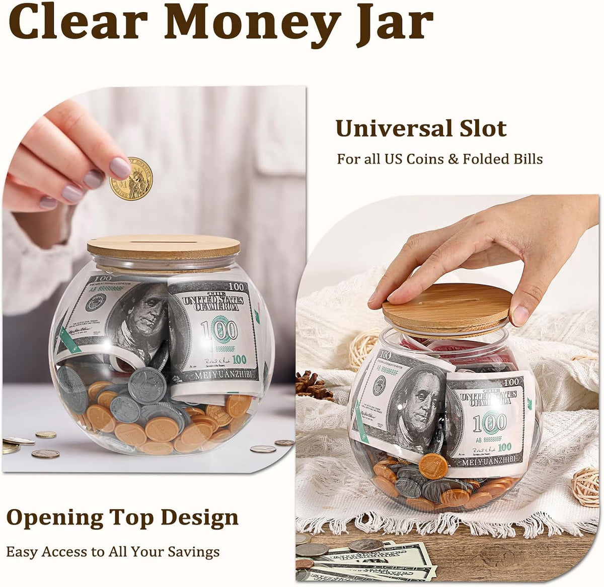 Laundry Room Coin Bank Jar with Money Slot and Wooden Lid for Adult