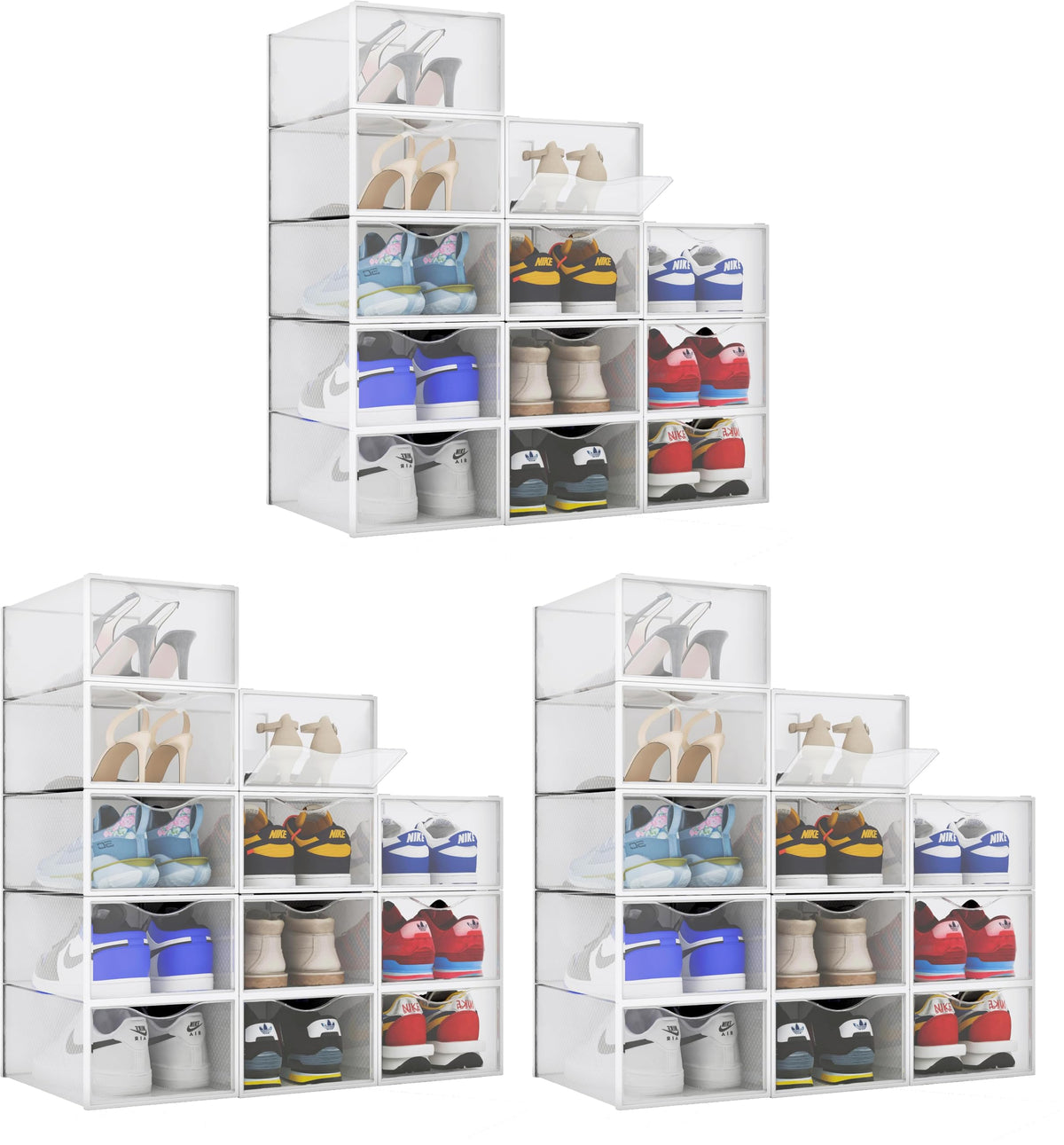 BINO 12-Pack Plastic Stackable Shoe Box Set - Clear | Foldable Shoe Storage Container | Sneaker Bins | Shoe Rack Box | Transparent | Portable Stacking Shoe Boxes Front Open