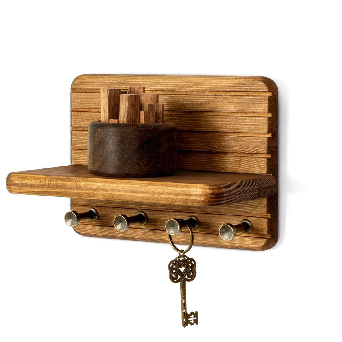 Rebee Vision Pine Wood Key Holder Wall Mount with Shelf for Entryway, Brown
