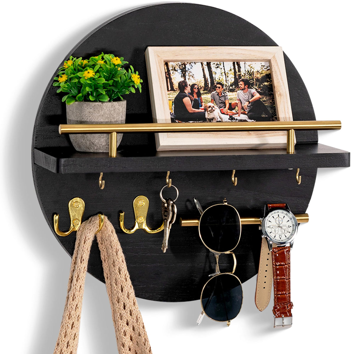 Key Holder Wall Mount with Shelf and Hooks, Mail Organizer for Wall, Black