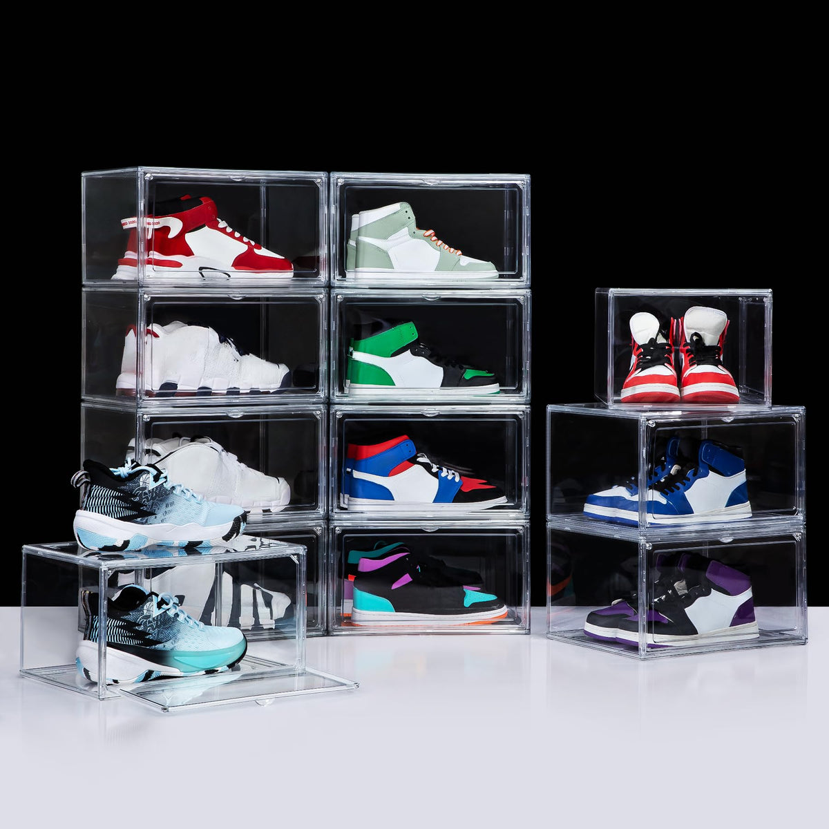 12 Pack Acrylic Shoe Boxes, Ultra Clear Shoe Boxes Stackable, Shoe Storage Box Sneaker Storage for Sneakerhead, Foldable Shoe Organizer with Magnetic Door, Professional Shoe Display Fits US Size 15