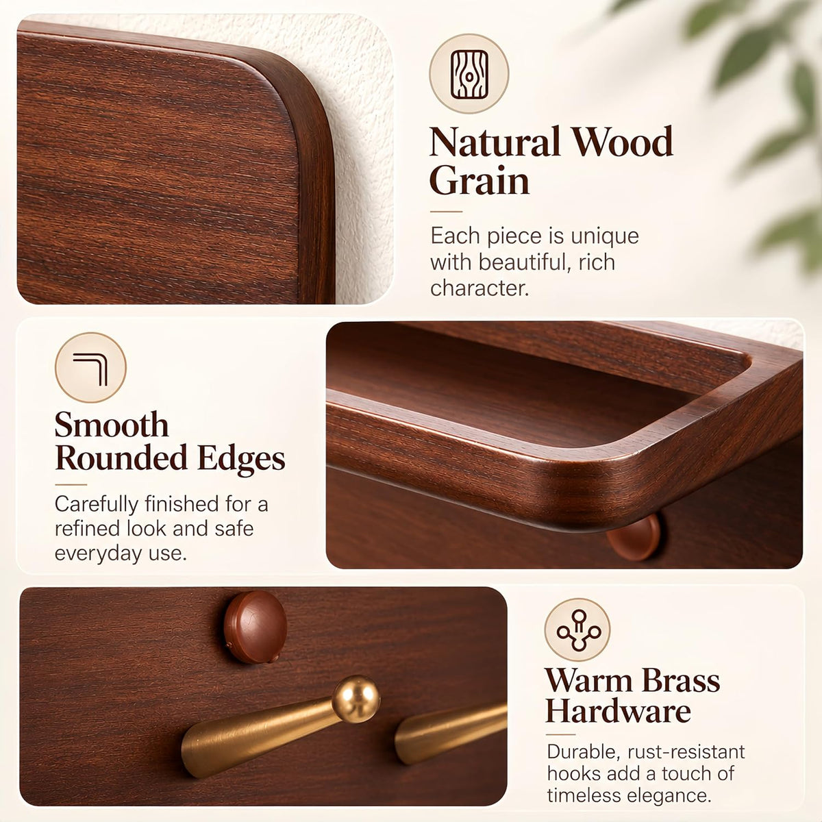 Mifoci Solid Wood Key Holder for Wall, 5 Brass Hooks & 3 Hidden Magnets