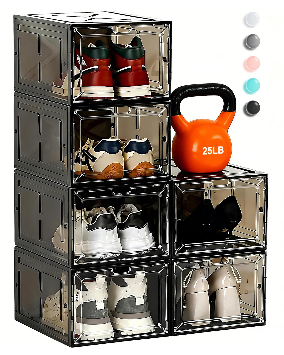 6 Pack Large Drop-Front Black Transparent Shoe Boxes, Stackable Sneaker Storage Container for Closet, Fits US Size 13+, Magnetic Front Door, Heavy-Duty Reinforced Plastic Shoe Organizer