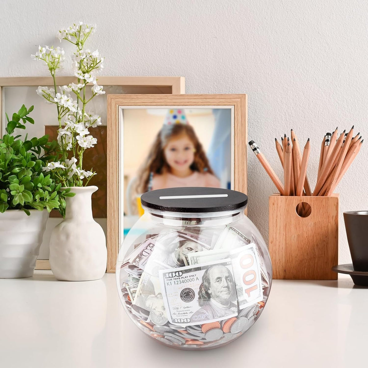 Yamahiko Large Clear Coin Bank Jar with Slotted Lid, 3/4 Gallon Plastic Money Tip Change Savings Coin Jar for Coin or Raffle Ticket, Big Money Coin Tip Piggy Change Bank Box for Adults Teens, Black