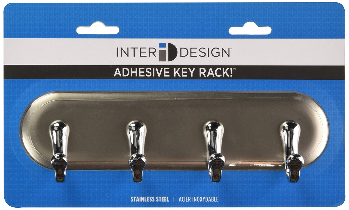 iDesign York Adhesive Backed Key Holder for Wall, 1.5" x 7" x 5.5", Brushed Stainless Steel