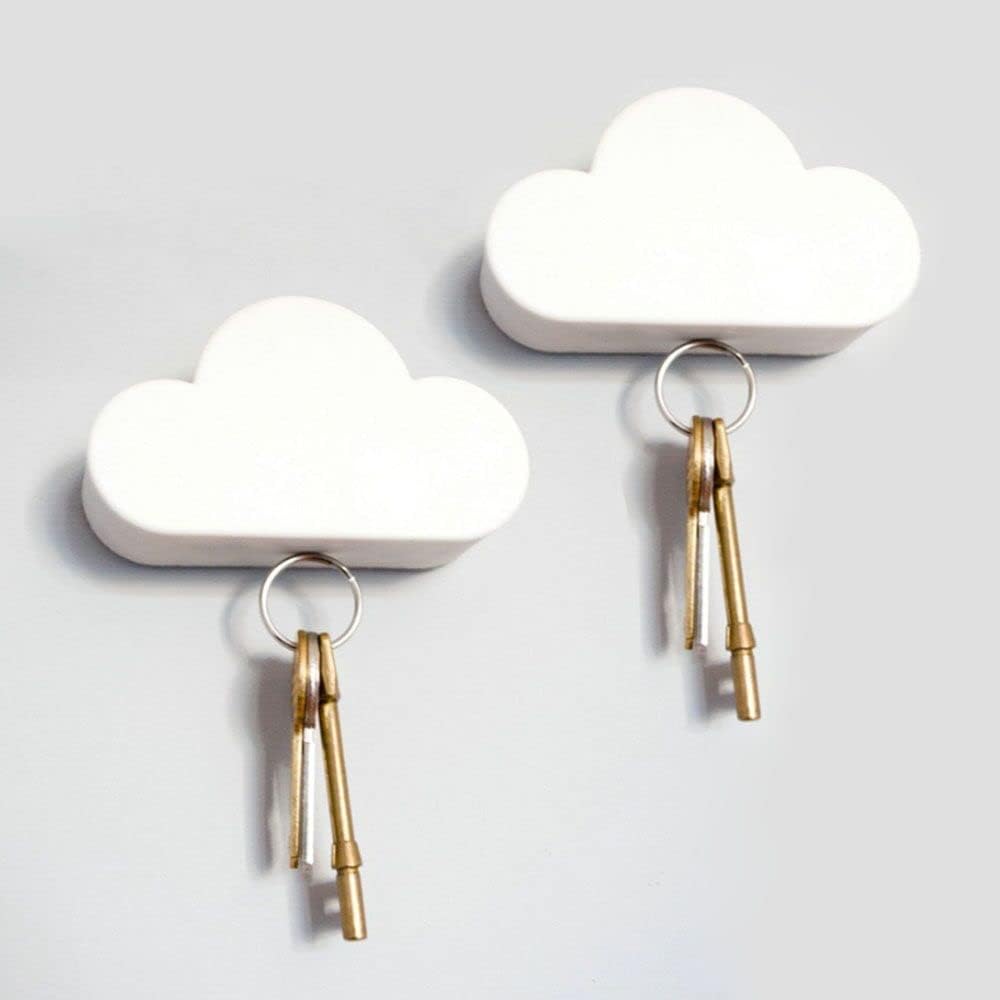 2 Pack Adhesive Key Hanger Organizer Magnetic Key Holders White Cloud Key Ring Keychains Hooks Racks 4 Strong Magnets Decorative Wall Mount Holder Fridge Magnets Wall Door Entryway Kitchen
