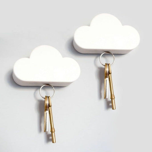 2 Pack Adhesive Key Hanger Organizer Magnetic Key Holders White Cloud Key Ring Keychains Hooks Racks 4 Strong Magnets Decorative Wall Mount Holder Fridge Magnets Wall Door Entryway Kitchen
