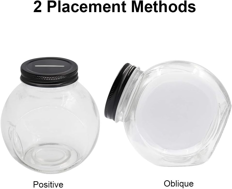 Clear Glass Piggy Bank with Black Slotted Lid, Well Sized Coin Bank, Two Placement Methods Money Tip Coin Jar for Adults